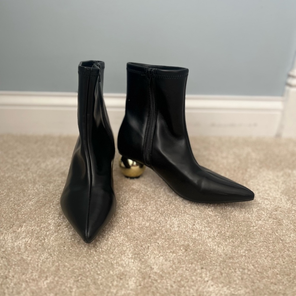 Black Faux Leather Boots with Gold Ball Heel-Size 7